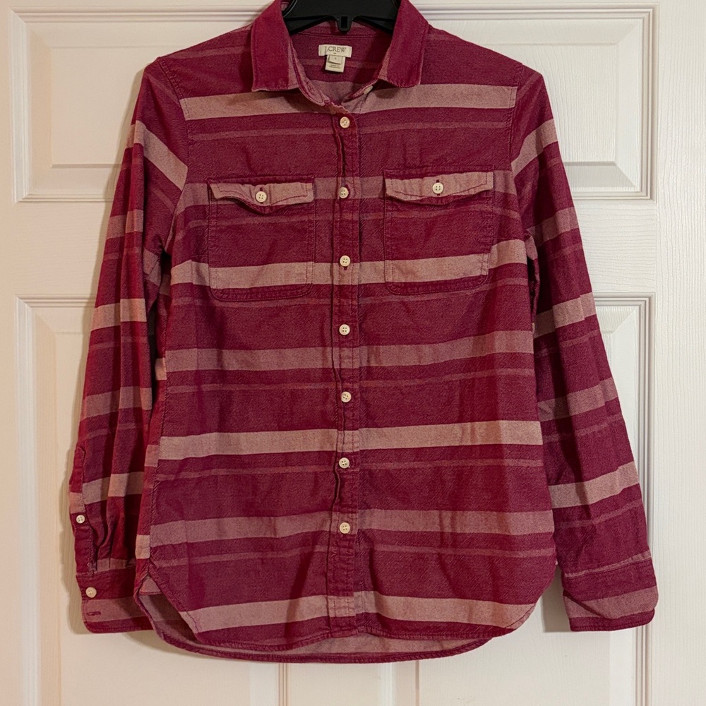 J.Crew Striped Flannel Button Down Shirt - Maroon/Berry & Pink